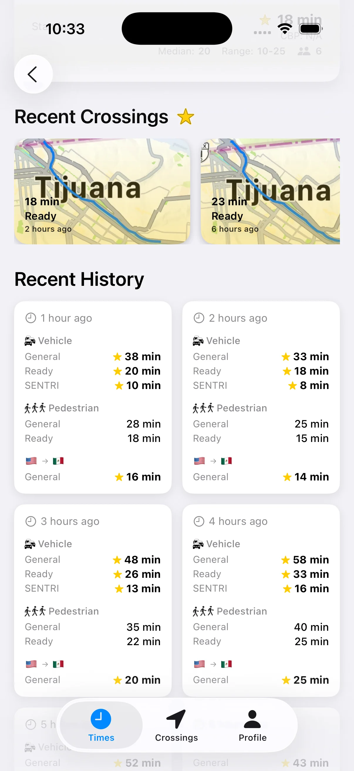 Border Times iOS Crossing Details