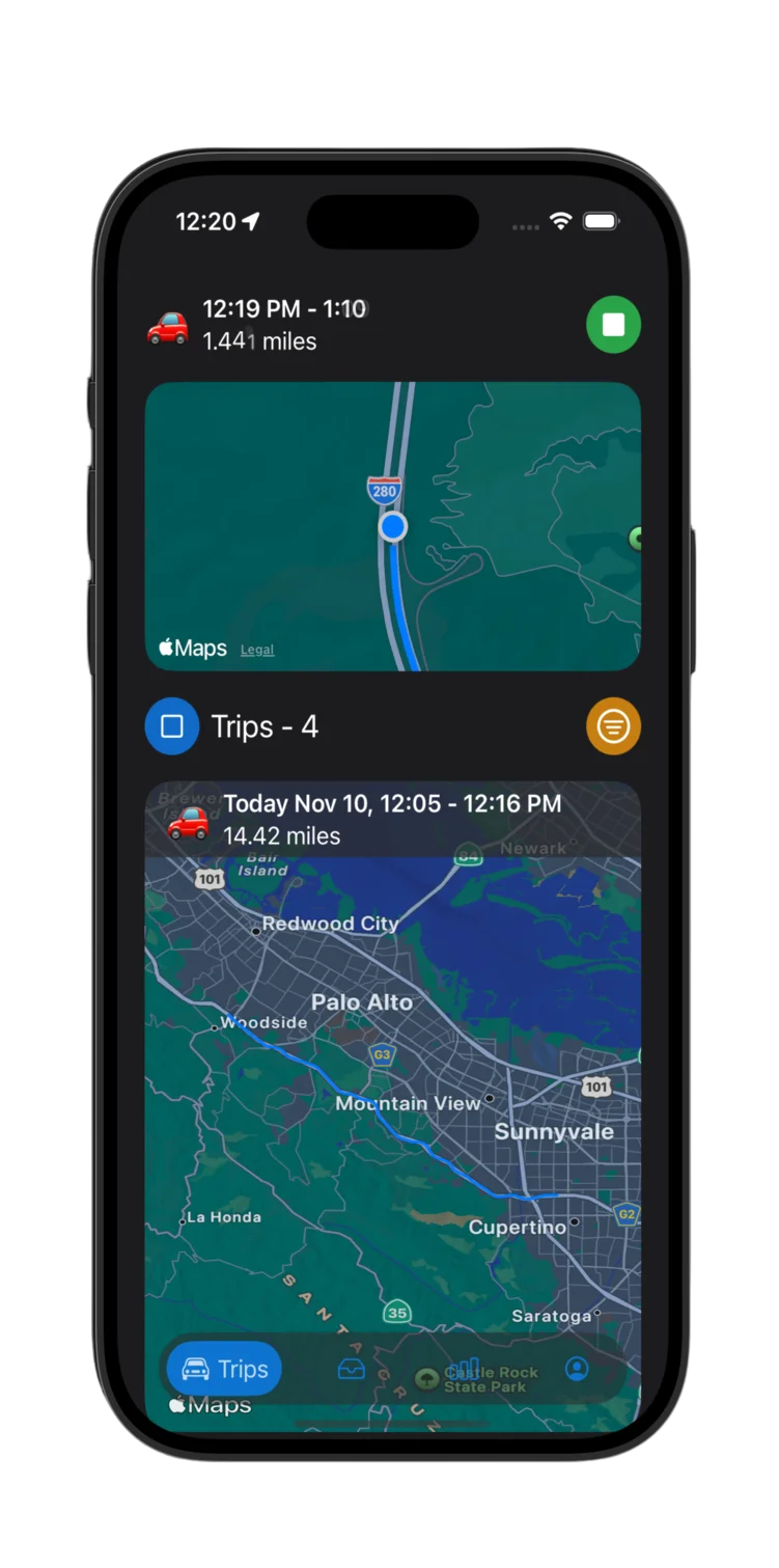 Mile Tracker+ Home Screen Dark