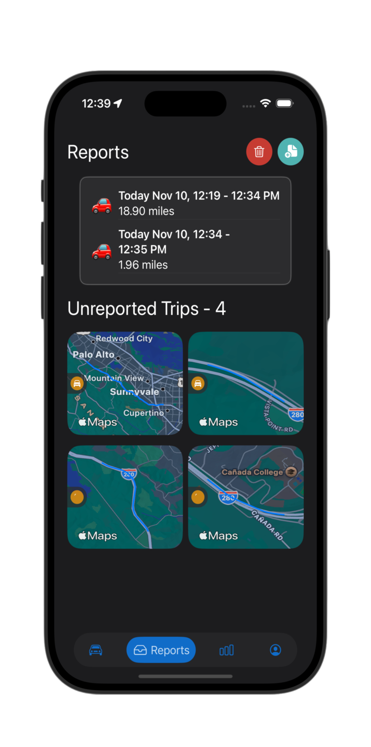 Mile Tracker+ Reports Dark